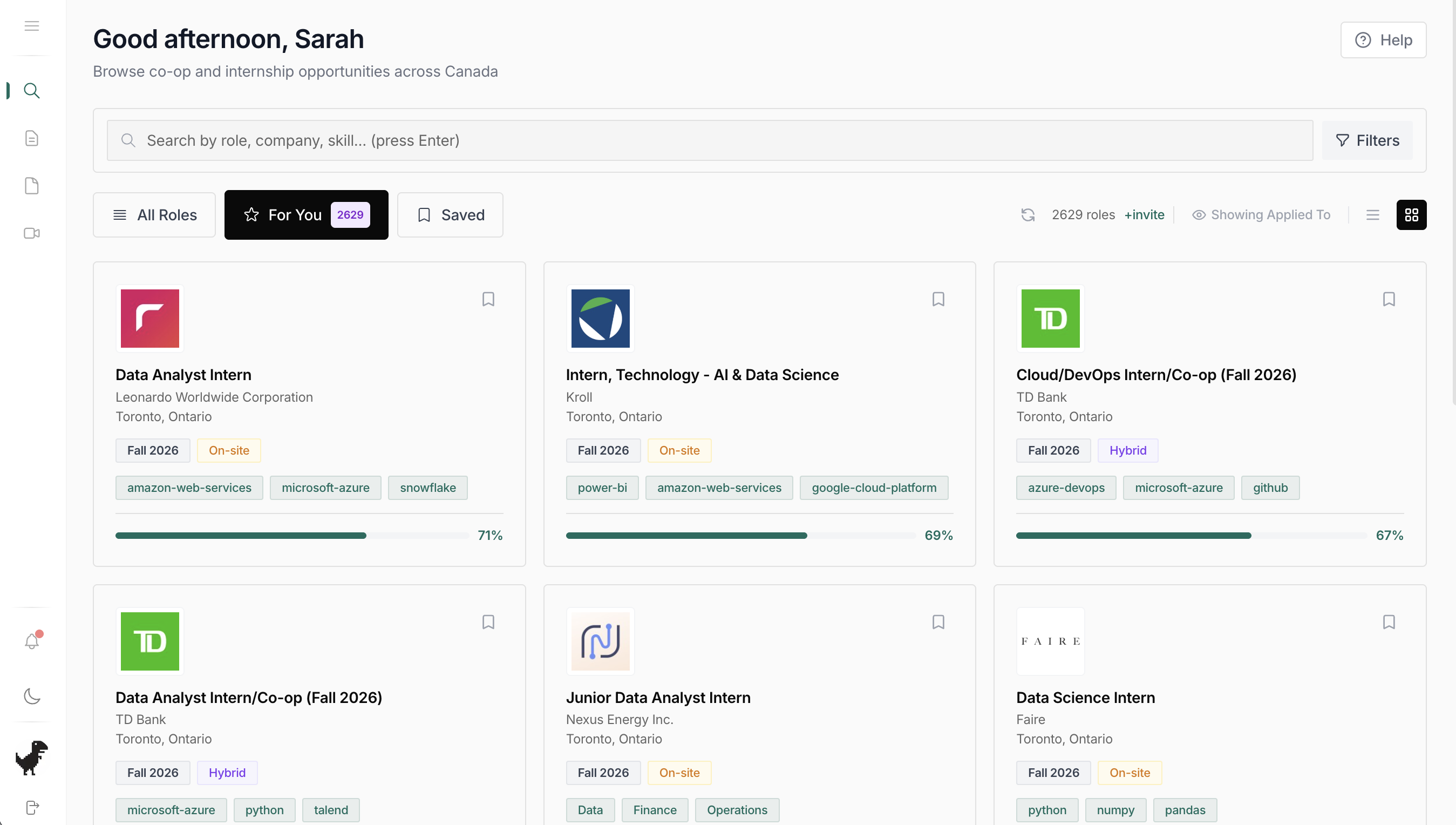 Rivo dashboard — aggregated roles with match scores